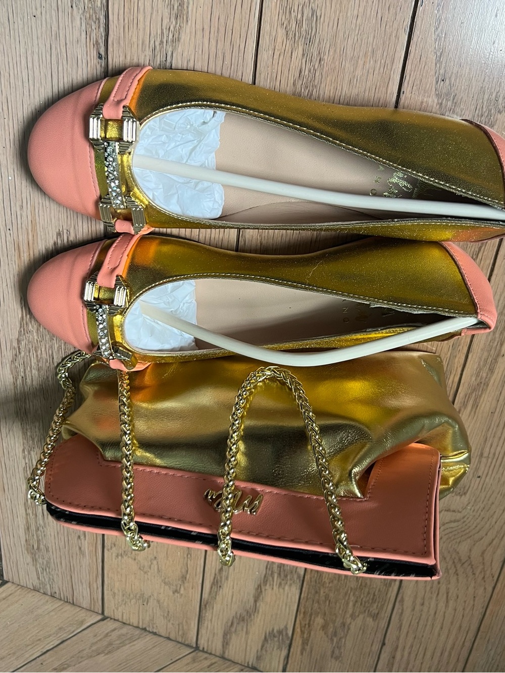 Gold and Coral Women’s Chain-Handle Shoulder Bag with matching slip on